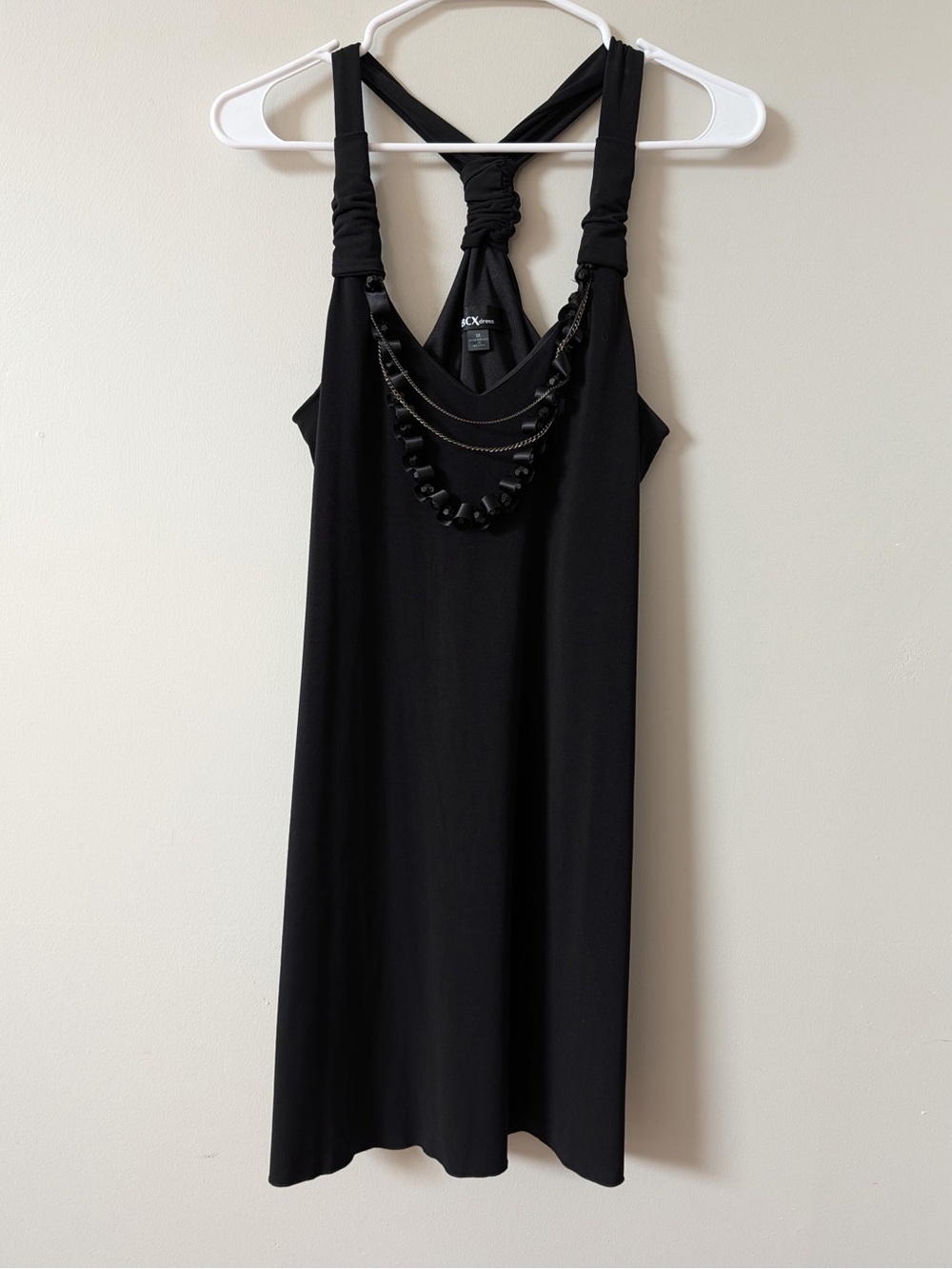 BCX Black Sleeveless Midi Dress with Braided Strap and Beaded Accent